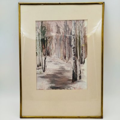 купить Картина "Зимний лес", оформленная в раму, неизвестный художник, бумага, гуашь, СССР, 1970-1990 гг.