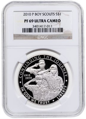 купить США 1 доллар (dollar) 2010 "100 лет бойскаутам Америки" в слабе NGC PF69 ULTRA CAMEO