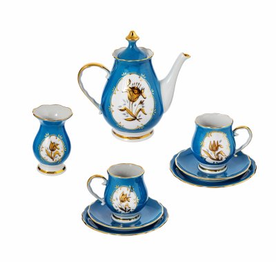 Купить Сервиз тет-а-тет из 8 предметов с цветочным декором, фарфор, Рижская фарфорово - фаянсовая фабрика, СССР, 1970-1990 гг.