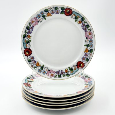 купить Набор пирожковых тарелок с ярким цветочным декором на 6 персон, фарфор, роспись, золочение, Kalocsa, Венгрия, 1970-1990 гг.