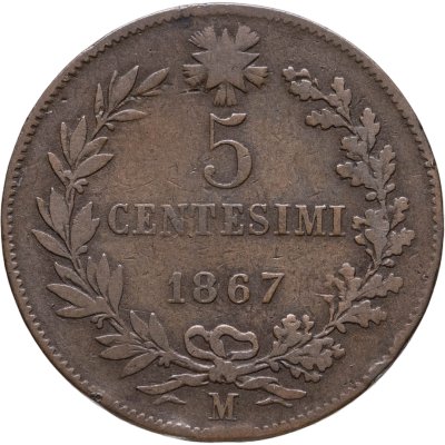 купить Италия 5 чентезимо (centesimi) 1867 M знак монетного двора: "M" - Милан