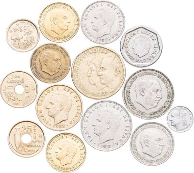 купить Испания набор из 14 монет 1, 5, 25, 100, 200, 500 песет (ptas) 1953-1997