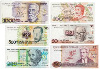 купить Бразилия набор из 6 банкнот 50, 100, 200, 500 и 1000 крузейро 1986-1990