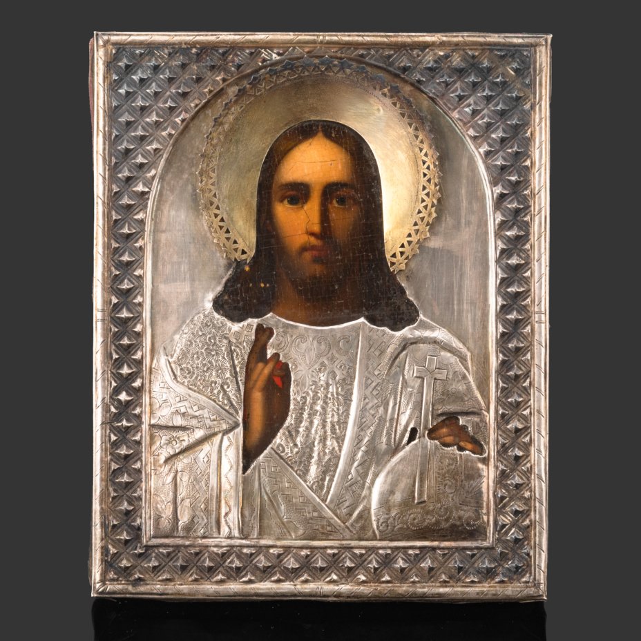 Икона "Господь Вседержитель" в окладе с ромбовидным декором и в киоте ...