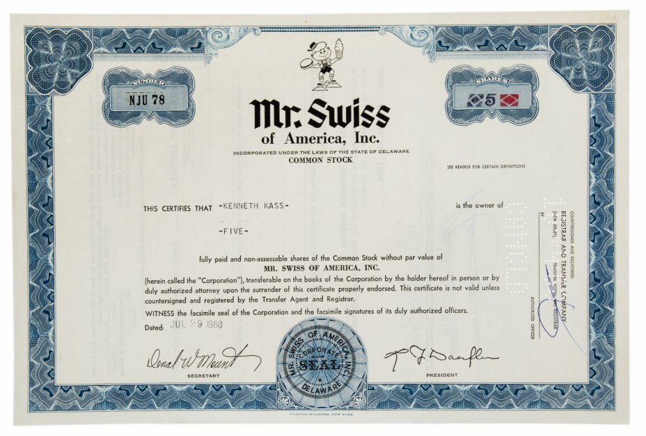 купить Акция США Mr. Swiss  of America, Inc. 1968 г.