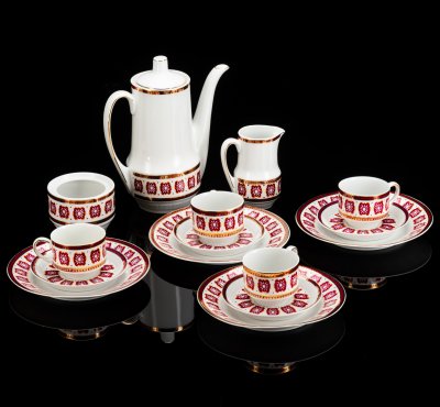 купить Сервиз кофейный с цветочным декором на 4 персоны (15 предметов), фарфор, деколь, золочение, Cmielow, Польша, 1950-1970 гг.