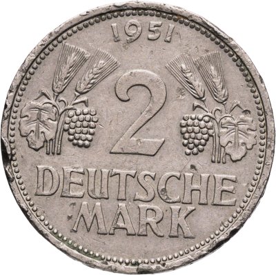 купить Германия 2 марки 1951, знак монетного двора: "F" - Штутгарт