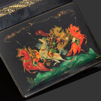 купить Шкатулка с лаковой миниатюрой "Битва", автор Аникин., № 10292, папье-маше, роспись, лак, Палех, СССР, 1975 г.