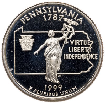 купить США 25 центов (квотер, 1/4 доллара, quarter dollar) 1999 S Proof Пенсильвания (Pennsylvania), знак монетного двора "S" - Сан-Франциско