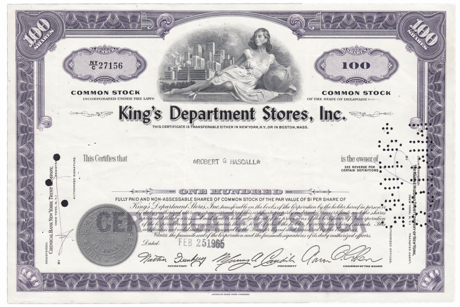 купить Акция США  King Departments Stores Inc. 1964- 1987 гг.