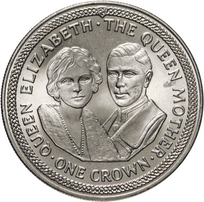 купить Остров Мэн 1 крона 1985 "85 лет со дня рождения Королевы Матери, Король Георг VI и Королева-Мать