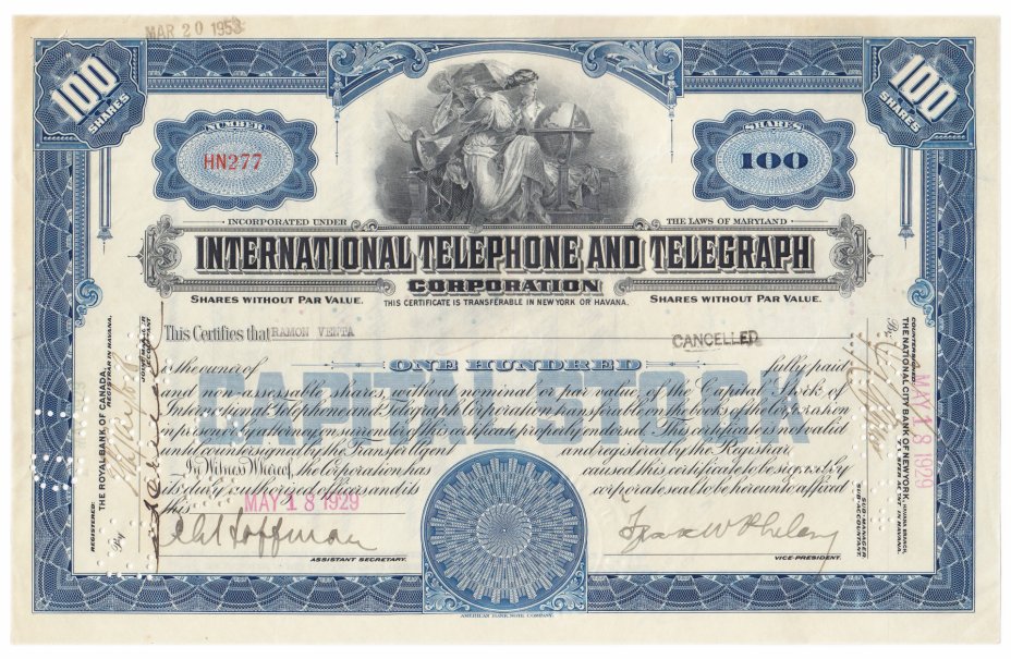 купить Акция США International Telephone And Telegraph Corporation 1929 г. (повторное гашение 1953 г.)