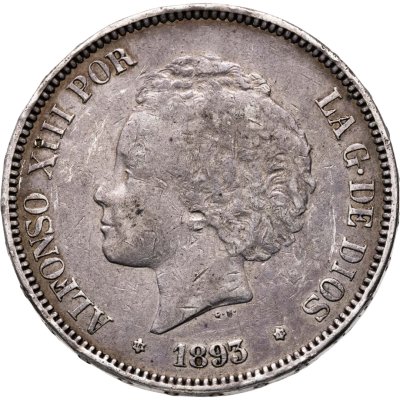 купить Испания 5 песет (pesetas) 1893, буквы PG и L на реверсе