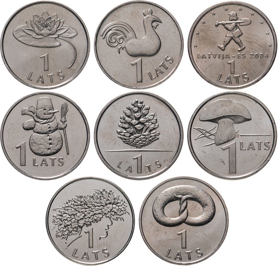 купить Латвия набор юбилейных монет 1 лат 2004-2008 (8 штук)