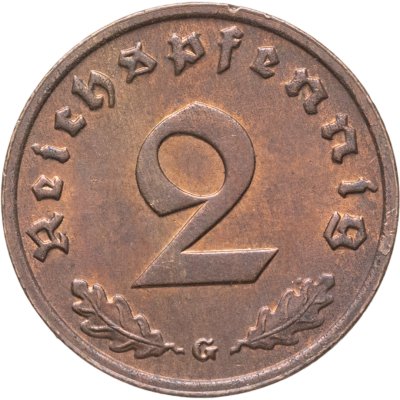 купить Германия, Третий рейх 2 рейхспфеннига (reichspfennig) 1939, знак монетного двора: "G" - Карлсруэ