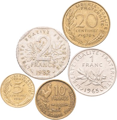 купить Франция набор из 5 монет 5, 20, сантимов, 1, 2, 10 франков 1952-1985