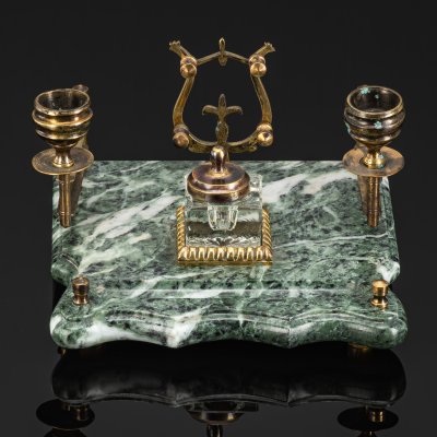 купить Прибор письменный настольный (2 подсвечника, чернильница и подставка), мрамор, латунь, стекло, СССР, 1970-1990 гг.