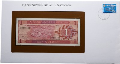 купить Нидерландские Антилы 1 гульден 1970 в конверте с гашением и маркой
