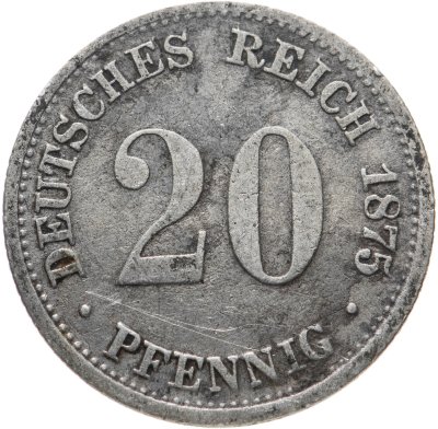 Купить Германия 20 пфеннигов (pfennig) 1875, знак монетного двора: "D" - Мюнхен