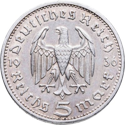 купить Германия, Третий рейх 5 рейхсмарок (reichsmark) 1936 E Гинденбург, без свастики