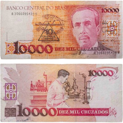 купить Бразилия 10 новых крузадо 1989, надпечатка на 10000 крузадо 1988