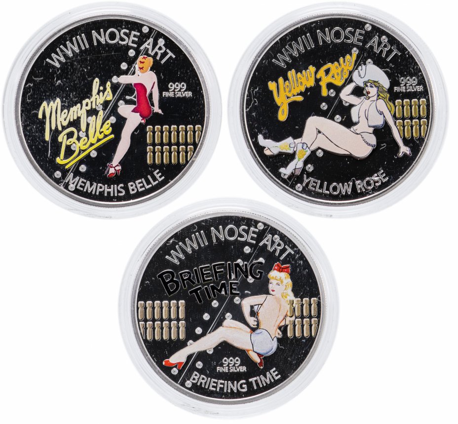 купить Ниуэ 2 доллара 2012 набор из 3-х монет " Искусство на фюзеляжах бомбардировщиков WWII", в футляре с сертификатом