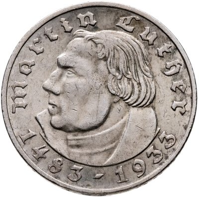купить Германия (Третий рейх) 2 рейхсмарки (reichsmark) 1933 "450 лет со дня рождения Мартина Лютера", знак монетного двора: "E" - Мульденхюттен