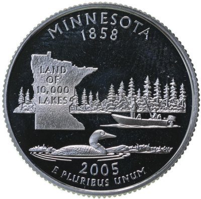 купить США 25 центов (квотер, 1/4 доллара, quarter dollar) 2005 S Proof Миннесота (Minnesota), знак монетного двора "S" - Сан-Франциско