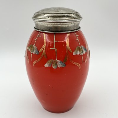 купить Чайница красного цвета с цветочным декором (винтаж), стекло, роспись, сплав металлов, СССР, 1930-1950 гг.