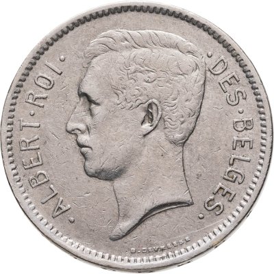 купить Бельгия 5 франков (francs) 1932 надпись на французском - "ALBERT ROI DES BELGES"