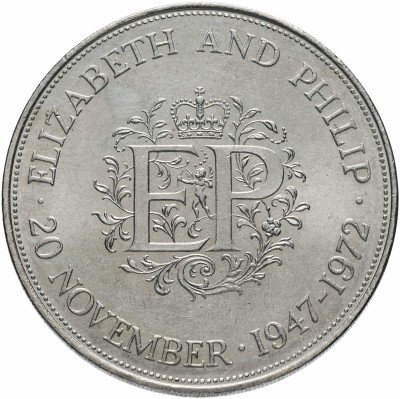 Купить Великобритания 25 новых пенсов (1 крона) 1972 "Королевская серебряная свадьба"