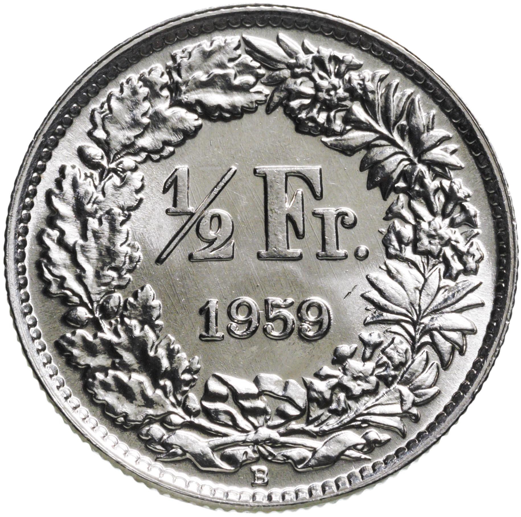 Монета Швейцария 1/2 франка 1959 стоимостью 750 руб.