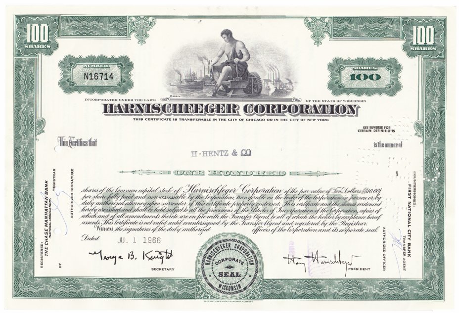 купить Акция США  Harnischeeger Corporation 1965 - 1966 гг.