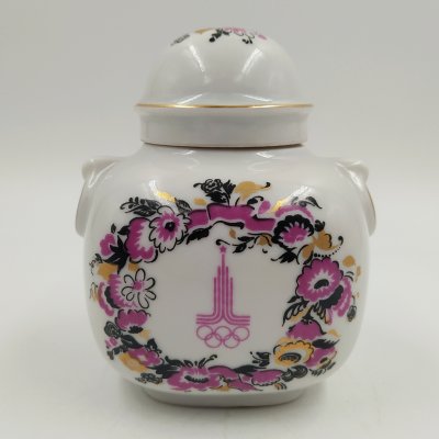 купить Емкость для хранения чая (чайница) "Олимпиада-80", фарфор, деколь, золочение, Ленинградский фарфоровый завод (ЛФЗ), СССР, 1980 г.