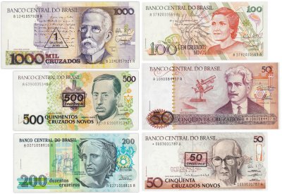 купить Бразилия набор из 6 банкнот 50, 100, 200, 500 и 1000 крузейро 1986-1990