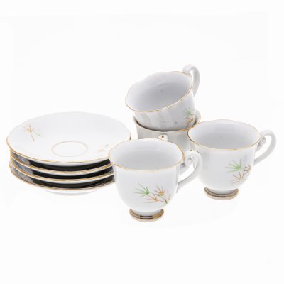 купить Кофейный набор на 4 персоны ( 8 предметов), с декором в виде бамбука, фарфор, рельеф, роспись, золочение, КНДР (Северная Корея), 1960-1969 гг.