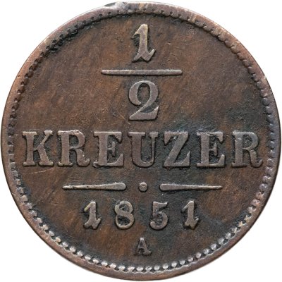 купить Австрия 1/2 крейцера (kreuzer) 1851 A знак монетного двора "A" - Вена