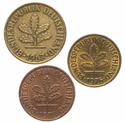 купить Германия, ФРГ набор из 3-х монет 2, 5 и 10 пфеннигов 1950-2001, случайная дата