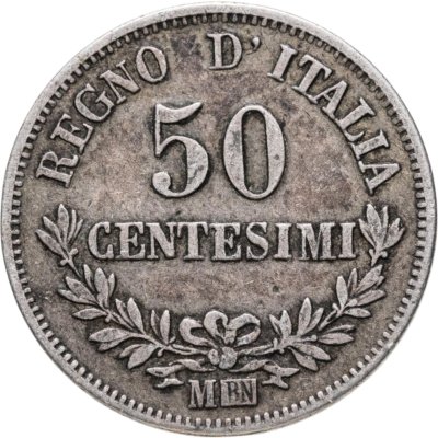 купить Италия 50 чентезимо (centesimi) 1863 Номинал на реверсе знак монетного двора: "M" - Милан