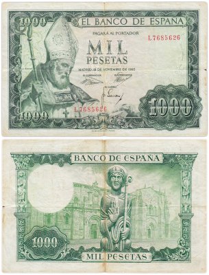 купить Испания 1000 песет 1965 Pick 151 ( "Святой Исидор" Бартоломе Эстебан Мурильо, Базилика Святого Исидора)
