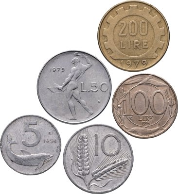купить Италия набор из 5 монет 5, 10, 50, 100, 200 лир 1954-1996