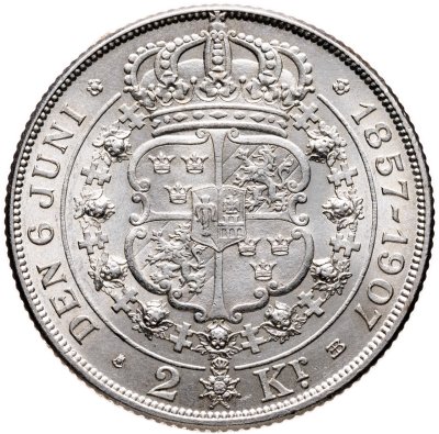 купить Швеция 2 кроны 1907 "50 лет свадьбе Короля Оскара II и Леди Софии"