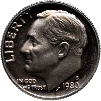 купить США 10 центов (дайм, one dime) 1980 Proof Roosevelt Dime (Рузвельт) знак монетного двора "S" - Сан-Франциско