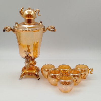 купить Самовар (штоф) с краником в виде мыши и 6 стопками, стекло, люстр, гутная техника, СССР, 1960-1980 гг.