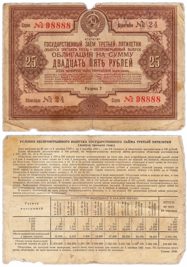 купить Облигация 25 рублей 1940 Заем третьей пятилетки (выпуск третьего года)