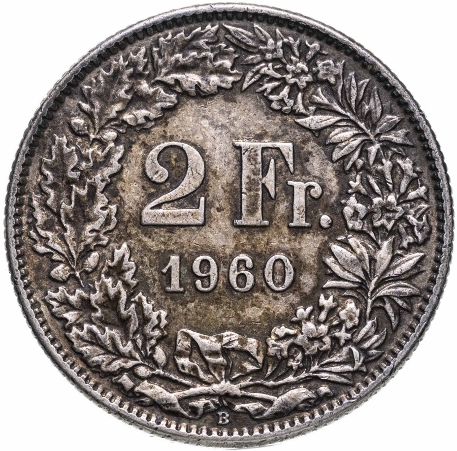 Монета Швейцария 2 франка (francs) 1960 стоимостью 2710 руб.