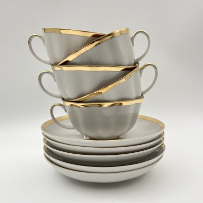 купить Набор из 5-ти чайных пар, украшенных декором в виде золотой ленты, фарфор, золочение, Дулевский фарфоровый завод (Дулёво), СССР, 1968-1991 гг.
