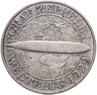 купить Германия 3 рейхсмарки (reichsmark) 1929 А Полёт дирижабля "Граф Цеппелин" знак монетного двора "А" — Берлин