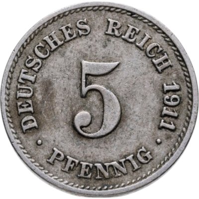 Купить Германия 5 пфеннигов (pfennig) 1911, знак монетного двора:  "G" - Карлсруэ