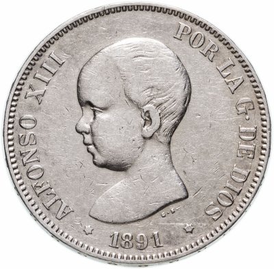 Купить Испания 5 песет (pesetas) 1891